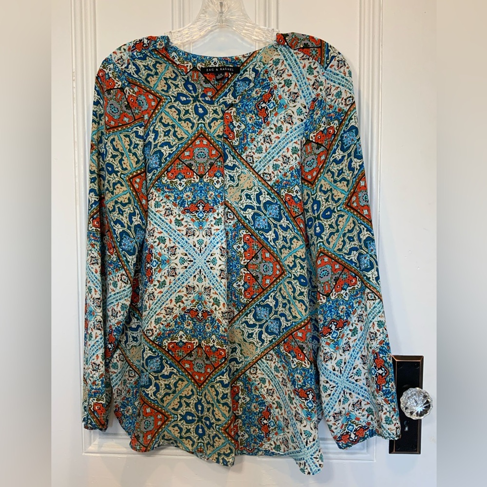 Zac & Rachel Multicolor Blouse Patchwork V-Neck Long Sleeve -Size L